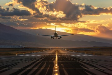 A stunning vista unfolds as an airplane aligns with the runway, bathed in the golden light of sunset, with majestic mountains and vibrant skies in the backdrop. - 765047803