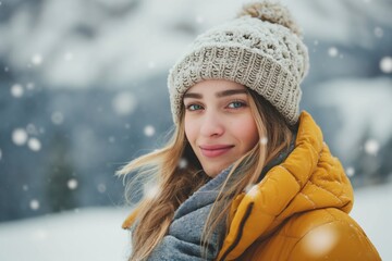 A young woman, her face framed by a woolen beanie and the collar of her yellow jacket, smiles gently against a backdrop of softly falling snow and blurred winter scenery. - 765048043