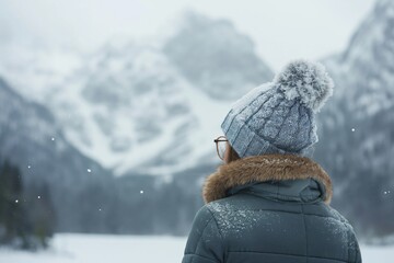 A figure clad in a winter jacket and a frost-kissed pom-pom beanie looks out over a snowy mountain expanse, the world around them a canvas of white and quiet. - 765048062