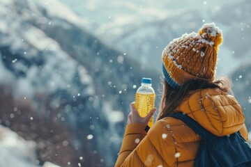 Captured from behind, a woman in a yellow jacket takes a moment to hydrate against a snowy mountain backdrop, snowflakes decorating her mustard pom-pom beanie. - 765048067