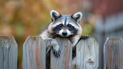 Curious Raccoon Peeking Over Wooden Fence
