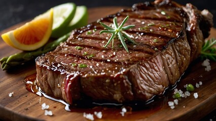 Grilled beef steak with rosemary and lime on wooden board.