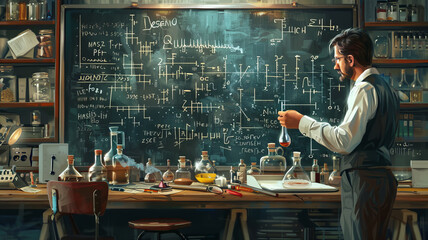 illustration of a genius scientist doing a complicated mathematical equation at a chalkboard,generative ai - obrazy, fototapety, plakaty