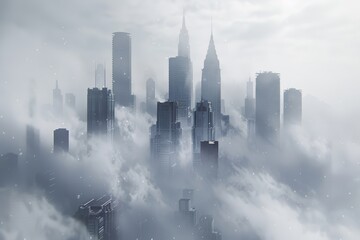 a city skyline draped in mist, with tall buildings fading into the fog forecast