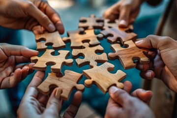 Business team trying to find solution to problem together. Group of young people holding parts of jigsaw puzzle. Crop shot close up bottom view from below hands holding wooden pieces. Generative AI - Powered by Adobe