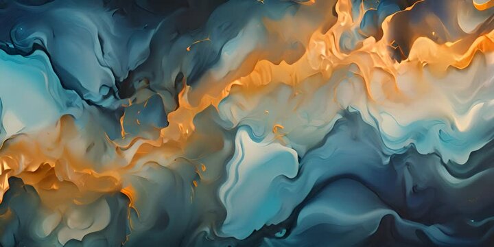 Luxurious Marbling Background. Paint Swirls in Beautiful Teal and Orange colors, with Gold Powder. 4K Video