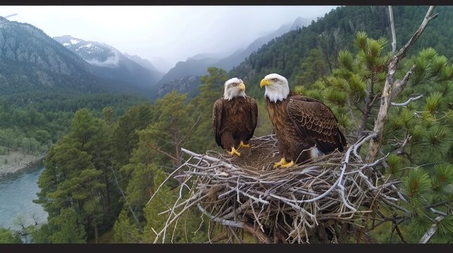 A live-streaming camera mounted on a sturdy tree branch, capturing a family of majestic bald eagles in their nest, with the parents nurturing their eaglets