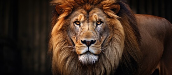 A close-up view captures a lion with a remarkably long and luxurious mane - obrazy, fototapety, plakaty