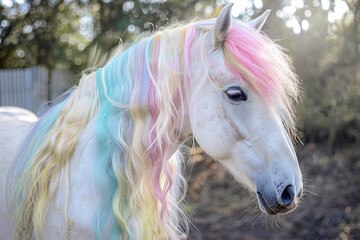 Beautiful white horse with rainbow colored mane