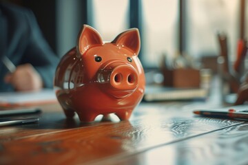 Piggy bank in form of pig on background of financial advisor who plans annual budget. Close up of piggy bank on table. Business, finance, investment, saving and corruption, Generative AI