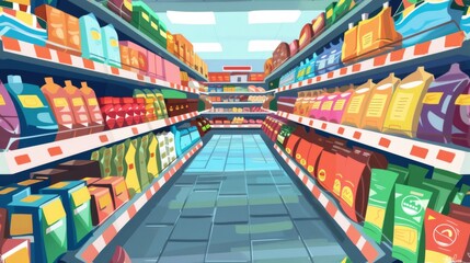Busy Grocery Store Aisle Filled With Various Foods