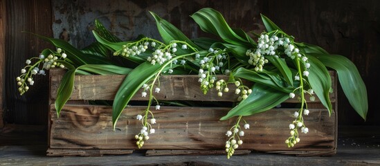 A rustic wooden crate overflowing with delicate white lily of the valley flowers, showcasing their vibrant green leaves and fragrant blooms