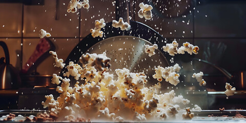 Savory salty crispy popcorn with a blurry and cinematic background. - obrazy, fototapety, plakaty