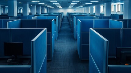 Crowded Blue Cubicles in a Business Office
