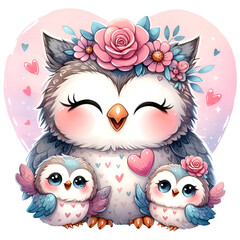 Obraz premium Watercolor Mother and Baby Owl Clipart, Mother's Day Clipart Mom and Baby PNG, Cute Woodland Owl Graphics For sublimation scrapbook