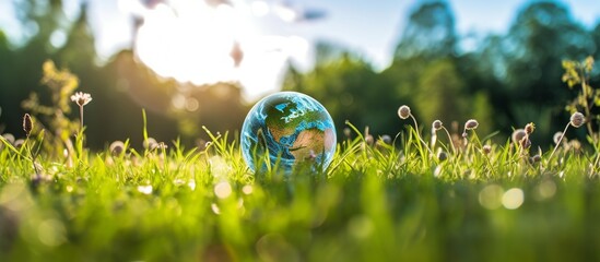 A miniature globe sits on a grassy field