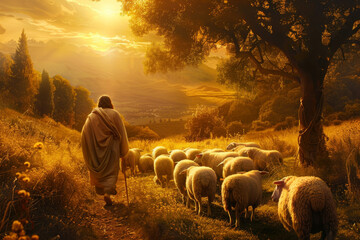 Jesus Christ walking through a meadow at sunset, a lamb following closely behind him