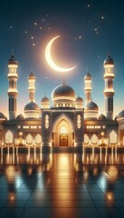 Eid mubarak background with mosque and crescent moon at night.