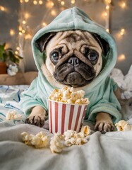  happy cute pug puppy wearing a onesie with a hood laying in bed eating popcorn
