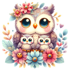 Obraz premium Watercolor Mother and Baby Owl, Clipart Mother's Day Clipart Mom and Baby PNG, Cute Woodland Owl Graphics For sublimation scrapbook