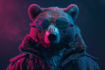 a bear wearing a coat and glasses is captured in a photographically detailed portrait, showcasing...
