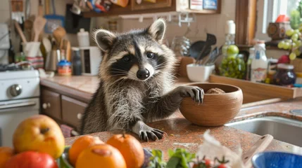 Fotobehang Raccoon Standing on Hind Legs in Kitchen © Yana