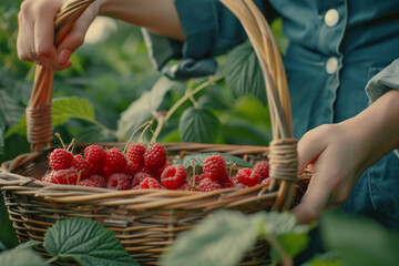 Woman in blue work uniform picking red ripe raspberries from a plant in the orchard. Summer berry...
