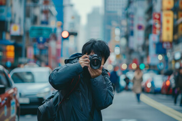 Asian man in a photographer's outfit taking pictures on a city street