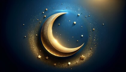 Illustration for eid al-fitr with golden crescent moon on dark blue background.