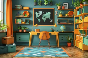 Children's study room at home. Modern spacious interior with desk, chair, bookshelves, chalkboard, lamps, Earth globe, plants, boxes, toys, rug, and laminate flooring. Unisex design, Generative AI