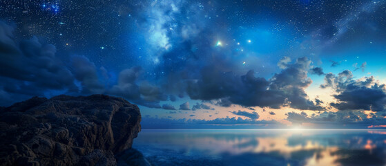 A beautiful night sky with a large rock in the foreground