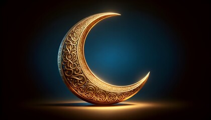 Ornate golden crescent moon on a deep blue background suitable for an eid al fitr. - obrazy, fototapety, plakaty