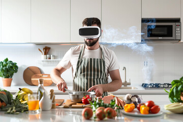 Man cooking on kitchen with virtual reality glasses - obrazy, fototapety, plakaty