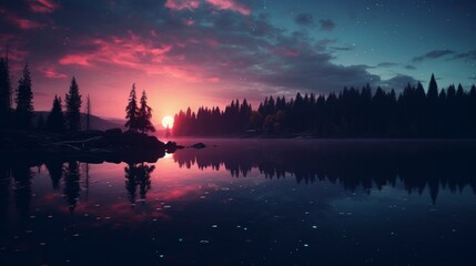 Tranquil night setting with red or pink moon rising above picturesque lake landscape - obrazy, fototapety, plakaty