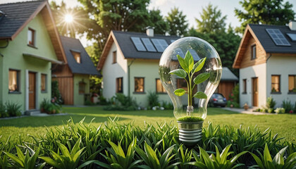 Ampoule sur fond de nature, énergie verte et économie d'énergie dans la maison - IA générative - obrazy, fototapety, plakaty