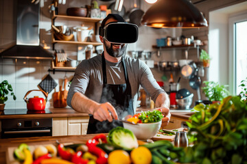 Man cooking on kitchen with virtual reality glasses - obrazy, fototapety, plakaty