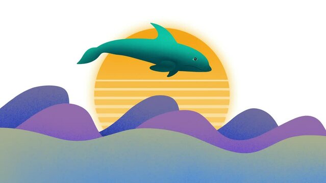 Beautiful bottlenose dolphin jumping out of sea at sunset, jumping dolphins against the backdrop of a beautiful sunset, animation, cartoon dolphin