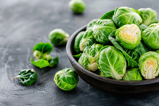 Brussels sprouts in a dark bowl on a grey background.