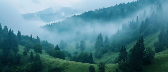 A foggy forest with trees and a grassy hill