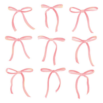 Set of Pink Oil Paint Textures with Aesthetic Coquette Ribbons and Bows, Isolated on White Background