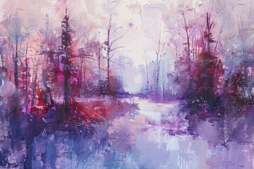 Semi-abstract oil painting depicting a winter forest landscape, blending realism and abstraction with hues of purple, red, and blue