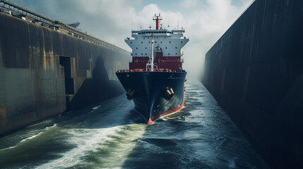 A  cargo ship entering a massive sea lock with towering gates. - obrazy, fototapety, plakaty