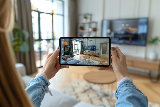Takes photograph of large renovated home. Property owner or estate agent uses wide angle camera on smart tablet to take photo or give walkthrough video tour about new apartment for sale, Generative AI