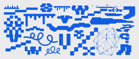 Simple abstract shape set geometric blue pixel art bitmap. Ideal for web design, app design, poster, clothes, retro aesthetic composition - 765053029