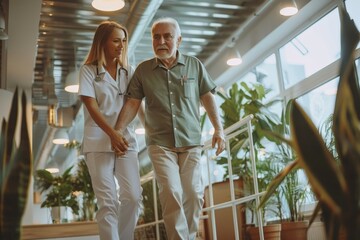 Young nurse helping elderly man walk in the room, holding his hand, supporting him. Treatment and rehabilitation after injury or stroke, life in assisted living facility, senior care, Generative AI - obrazy, fototapety, plakaty