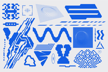 Simple abstract shape set geometric blue pixel art bitmap. Ideal for web design, app design, poster, clothes, retro aesthetic composition