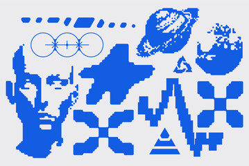 Simple abstract shape set geometric blue pixel art bitmap. Ideal for web design, app design, poster, clothes, retro aesthetic composition - 765053081