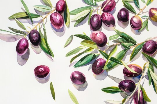 Vibrant watercolor painting of fresh olives and scattered leaves on a white backdrop.