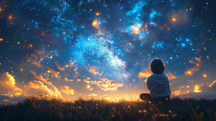 Fototapeta na wymiar A happy amazed kid is sitting on the grass watching the sky full of stars,generative ai