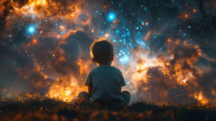 A happy amazed kid is sitting on the grass watching the sky full of stars,generative ai - 765053269